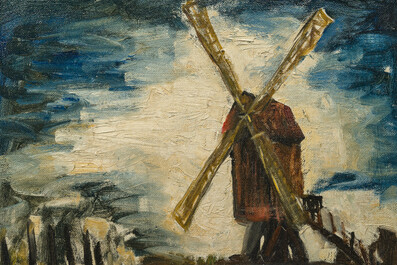 Isidore Opsomer (1878-1967): Paysage au moulin, huile sur board