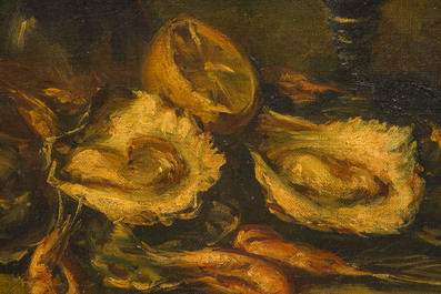 Hubert Bellis (1831-1902): Stilleven met glas en schaaldieren, olie op doek