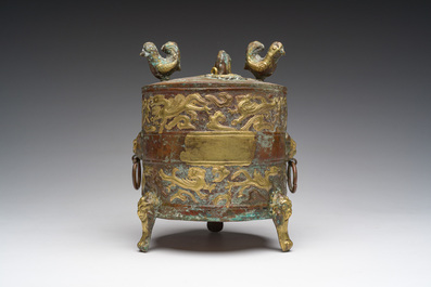 A Chinese parcel-gilt copper tripod 'zun' archaic vessel, probably 17th/18th C.