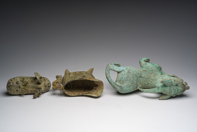 A Chinese bronze mythical animal and a 'guang' ewer, 20th C.