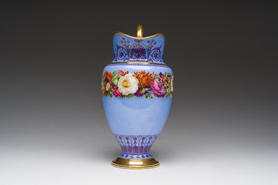 A Louis Philippe S&egrave;vres porcelain ewer with floral design on a blue ground, blue star mark, dated 1832