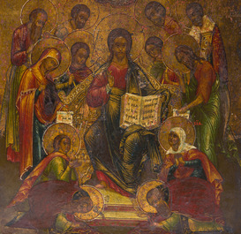 Two Russian orthodox icons, 'Extended De&euml;sis' and 'Four Saints', 18th/19th C.