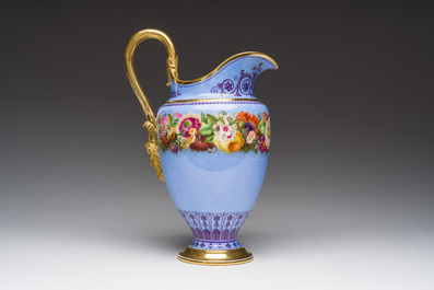 A Louis Philippe S&egrave;vres porcelain ewer with floral design on a blue ground, blue star mark, dated 1832