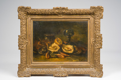 Hubert Bellis (1831-1902): Stilleven met glas en schaaldieren, olie op doek
