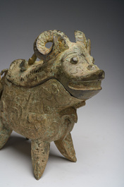 A Chinese bronze mythical animal and a 'guang' ewer, 20th C.