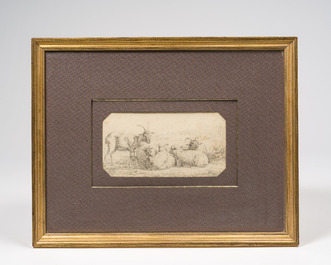 Belgian school, monogrammed (possibly H.L. for Henri Leys, 1815-1869): Sheep and goats in a landscape, pencil on paper, dated (18)44