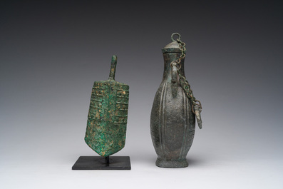 A Chinese bronze 'bianhu' vase and a 'zhong' bell, possibly Han and Western Zhou Dynasty