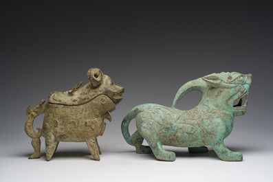 A Chinese bronze mythical animal and a 'guang' ewer, 20th C.