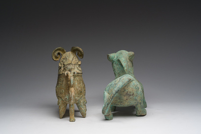 A Chinese bronze mythical animal and a 'guang' ewer, 20th C.
