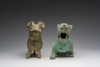 A Chinese bronze mythical animal and a 'guang' ewer, 20th C.