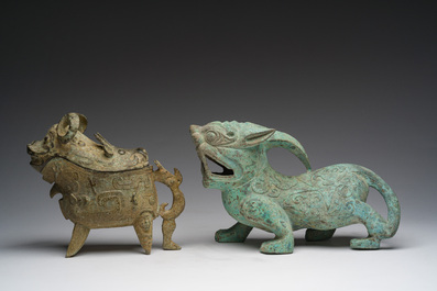 A Chinese bronze mythical animal and a 'guang' ewer, 20th C.