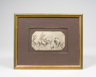 Monogramm&eacute; H.V. (Horace Vernet, 1789-1863, attribu&eacute; &agrave;): Fermiers et b&eacute;tail dans un &eacute;tang, crayon sur papier, dat&eacute; (18)44