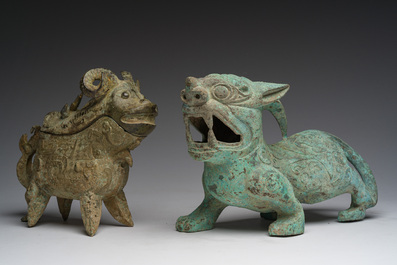 A Chinese bronze mythical animal and a 'guang' ewer, 20th C.