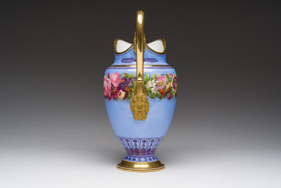 A Louis Philippe S&egrave;vres porcelain ewer with floral design on a blue ground, blue star mark, dated 1832