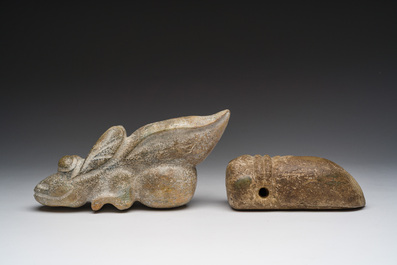 Two Chinese calcified jade sculptures of cicada, possibly Zhou to Han