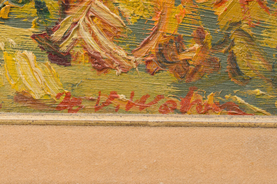 Henri Victor Wolvens (1896-1977): Landschap met hooimijten, olie op board