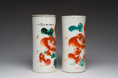 Two Chinese iron-red 'Buddhist lions' hat stands, 19th/20th C.