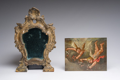 A varied lot with mostly religious arts, incl. two painted glass-in-lead frames and a Corpus Christi, 17th/20th C.