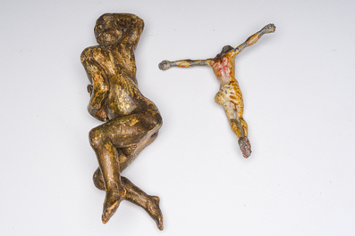 A varied lot with mostly religious arts, incl. two painted glass-in-lead frames and a Corpus Christi, 17th/20th C.