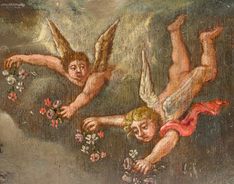 A varied lot with mostly religious arts, incl. two painted glass-in-lead frames and a Corpus Christi, 17th/20th C.