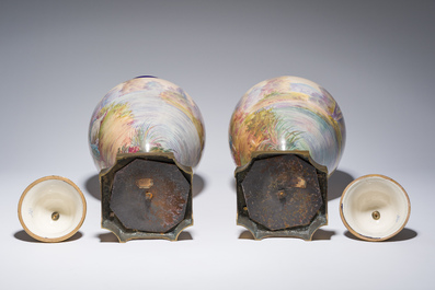 Een paar grote S&egrave;vres porseleinen vazen met allegorie&euml;n van 'De oogst' en 'De visvangst' op verguld bronzen monturen, Frankrijk, 19de eeuw