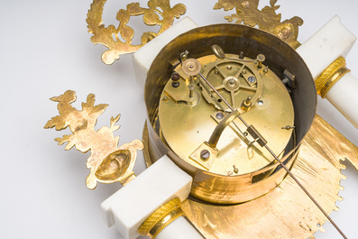 A French Neoclassical gilt bronze mounted white marble portico clock, 19th C.