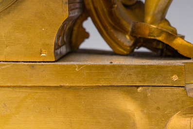 A French gilt bronze three-piece clock garniture with Erato, playful putti and S&egrave;vres style plaques, 19th C.
