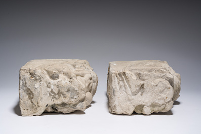 Een paar allegorische kraagstenen in zandsteen, Vlaanderen of Frankrijk, 15de eeuw