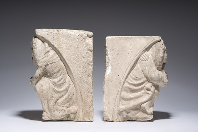 Een paar allegorische kraagstenen in zandsteen, Vlaanderen of Frankrijk, 15de eeuw