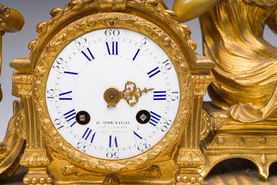 A French gilt bronze three-piece clock garniture with Erato, playful putti and S&egrave;vres style plaques, 19th C.