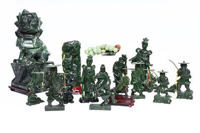 Sixteen Chinese green jade and hardstone sculptures, 20th C.