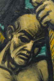 Frans Masereel (1889-1972): 'Dockhand &agrave; l'ancre', huile sur isorel, dat&eacute; 1953