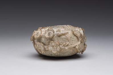 A small Chinese ritual axe, a water jar and a pendant in jade and hardstone, possibly Liangzhu or Han