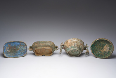 Two Chinese ritual bronze 'ding' and 'gui' food containers, possibly Warring States Period