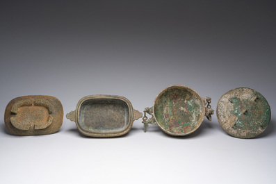 Two Chinese ritual bronze 'ding' and 'gui' food containers, possibly Warring States Period