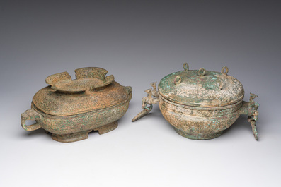 Two Chinese ritual bronze 'ding' and 'gui' food containers, possibly Warring States Period