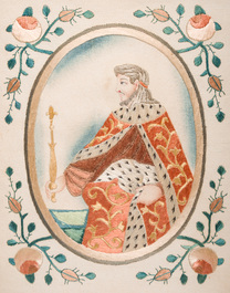 Two embroidered miniatures and a hand coloured miniature engraving, 17th/18th C.