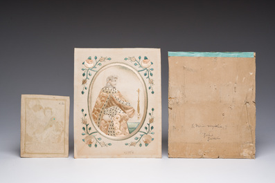 Two embroidered miniatures and a hand coloured miniature engraving, 17th/18th C.