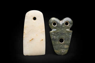 A small Chinese ritual axe, a water jar and a pendant in jade and hardstone, possibly Liangzhu or Han