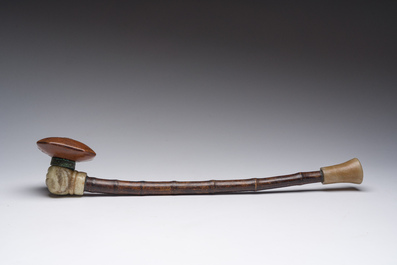 A Chinese soapstone and bamboo opium pipe, 19th C.
