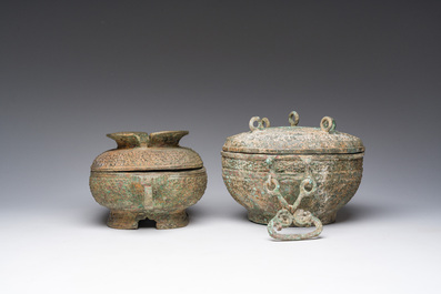 Two Chinese ritual bronze 'ding' and 'gui' food containers, possibly Warring States Period