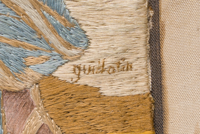 Two embroidered miniatures and a hand coloured miniature engraving, 17th/18th C.