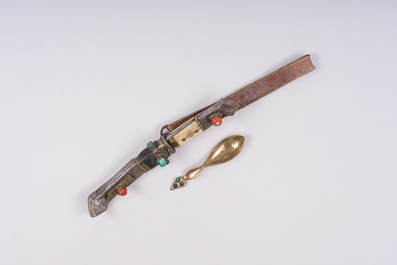 A Tibetan dagger with silver sheath and a turquoise-embellished copper spoon, 19th C.