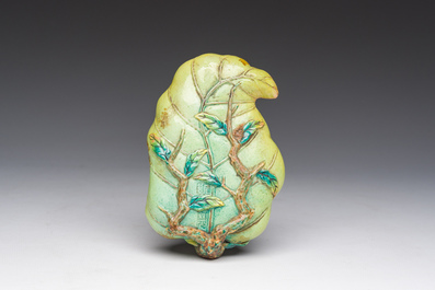 A Chinese famille rose leaf-shaped brush washer, Qianlong mark, 20th C