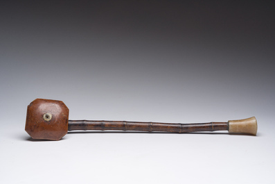 A Chinese soapstone and bamboo opium pipe, 19th C.