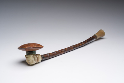 A Chinese soapstone and bamboo opium pipe, 19th C.