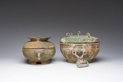 Two Chinese ritual bronze 'ding' and 'gui' food containers, possibly Warring States Period