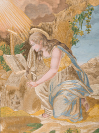 Two embroidered miniatures and a hand coloured miniature engraving, 17th/18th C.