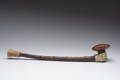A Chinese soapstone and bamboo opium pipe, 19th C.