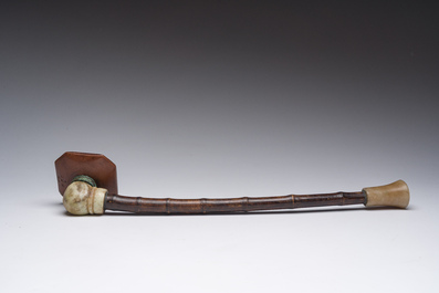 A Chinese soapstone and bamboo opium pipe, 19th C.